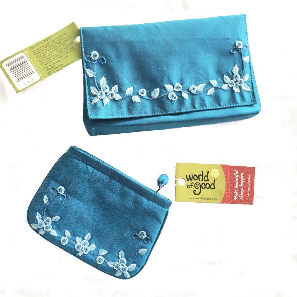Turquoise Blue silk embroidered Clutch Bag Set NWT